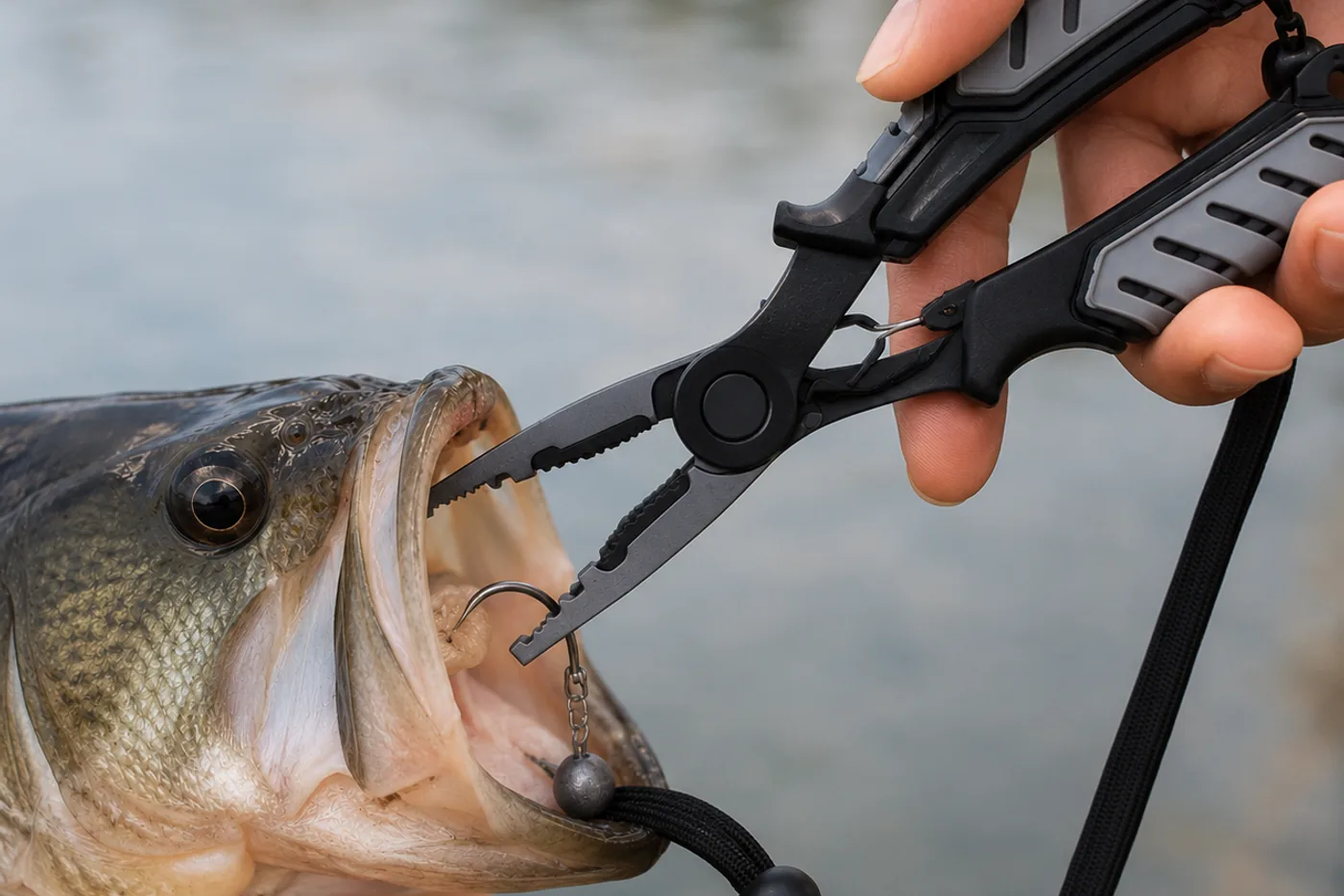 Angler using HookGrip fishing pliers to remove a hook boatside